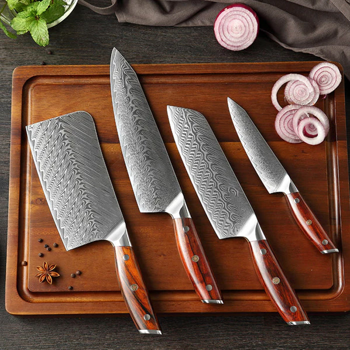 B27 5pcs Knife Set, 67 Layers Damascus Steel Having nature Rosewood with Triple Rivets
