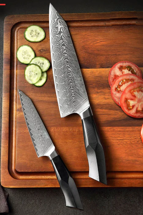 Bold Zenith Series 2Pcs Damascus Steel Chef and Utility Knife With Black Handle