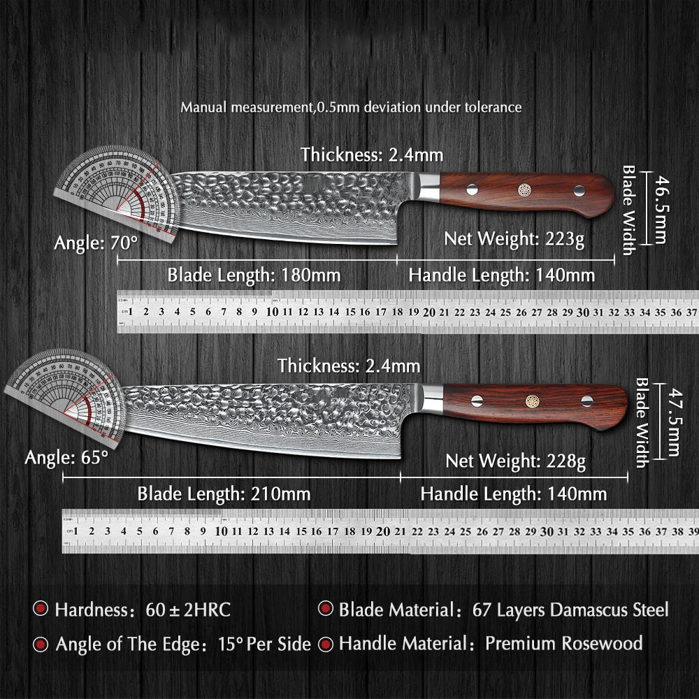 B9H 5pcs Knife Set, 67 Layers Damascus Steel Having Nature Rosewood Handle