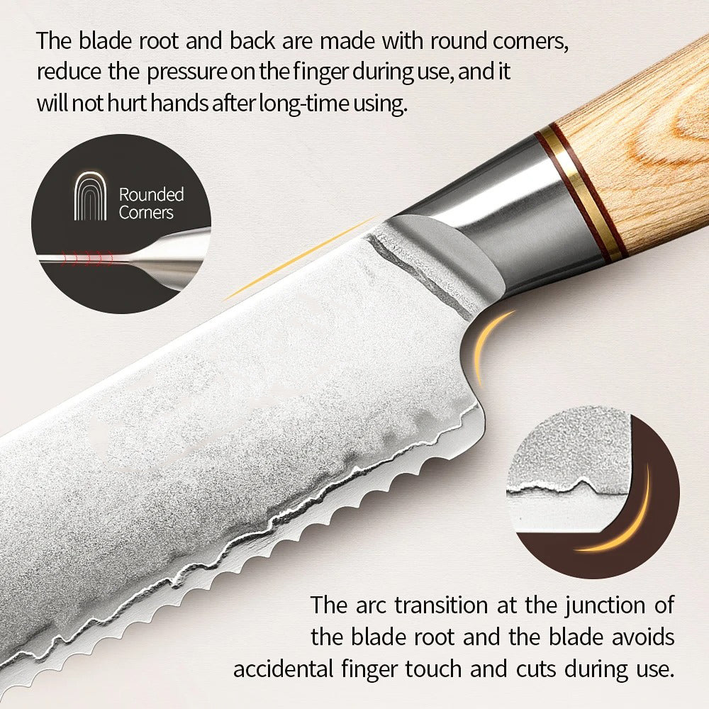 X01 8.5 Inch Bread Knife, 73 LAYERS Damascus Steel with Poweder steel Having Olive Wood Handle