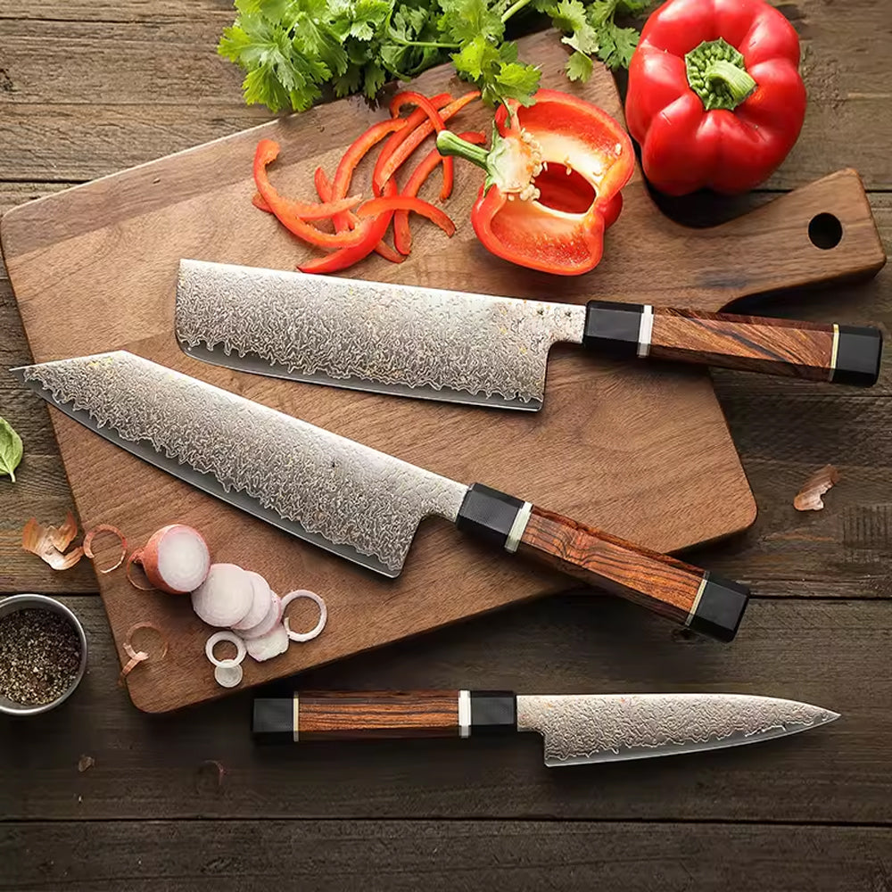 F5C 3pcs Chef Knife Set Having 37 Layers Copper Damascus Steel and North America Desert Ironwood Handle