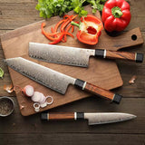 F5C 3pcs Chef Knife Set Having 37 Layers Copper Damascus Steel and North America Desert Ironwood Handle