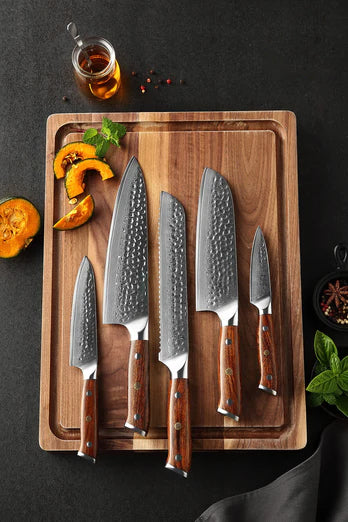 B13D 5pcs Damascu Knife Set, 1 Pc 8 Inch Chef Knife, 1 Pc 5 Inch Utility Knife ,1 Pc 7 Inch Santoku Knife, 1 Pc 8 Inch Bread Knife, 1 Pc 3.5 Inch Paring Knife Having Desert Iron Wood Handle