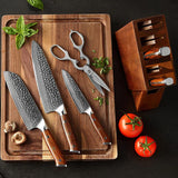 B13D 7pcs Knife Set, 1 Pc 8 ″ Chef Knife, 1 Pc 5 ″ Utility Knife, 1 Pc 7 ″ Santoku Knife, 1 Pc 8 ″ Bread Knife, 1 Pc 3.5 ″ Paring Knife, 1 Pc Scissor, 1 Pc Wooden Holder Having Desert Iron Wood Handle