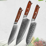 B13R 3pcs Damascus Knife Set 1 Pc 8 Inch Chef Knife, 1 Pc 5 Inch Utility Knife, 7 Inch Santoku Knife Having Nature Rosewood with Triple Rivets Handle