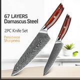 B27 2pcs Damascus Knife Set, 1 Pc 8.5 Inch Chef Knife, 1 Pc 5 Inch Utility Knife Having Nature Rosewood with Triple Rivets Handle