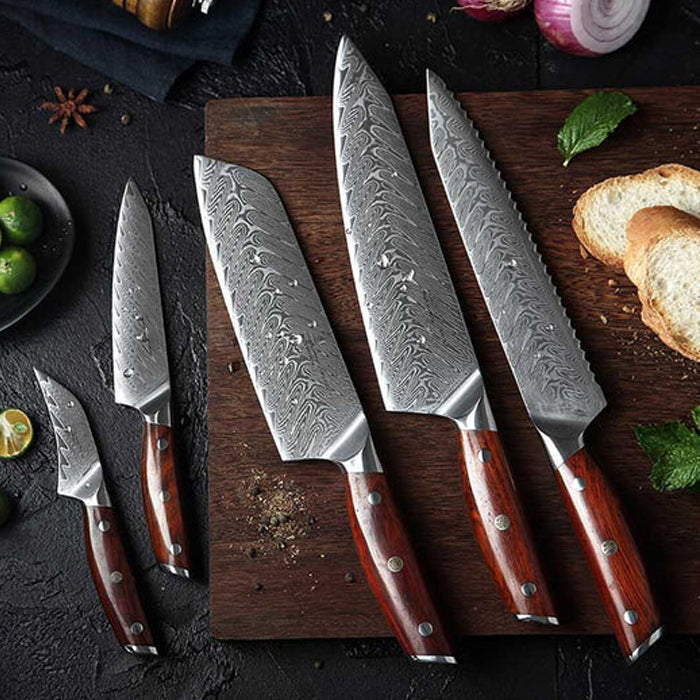 B27 5pcs Knife Set, 67 Layers Damascus Steel Having nature Rosewood with Triple Rivets